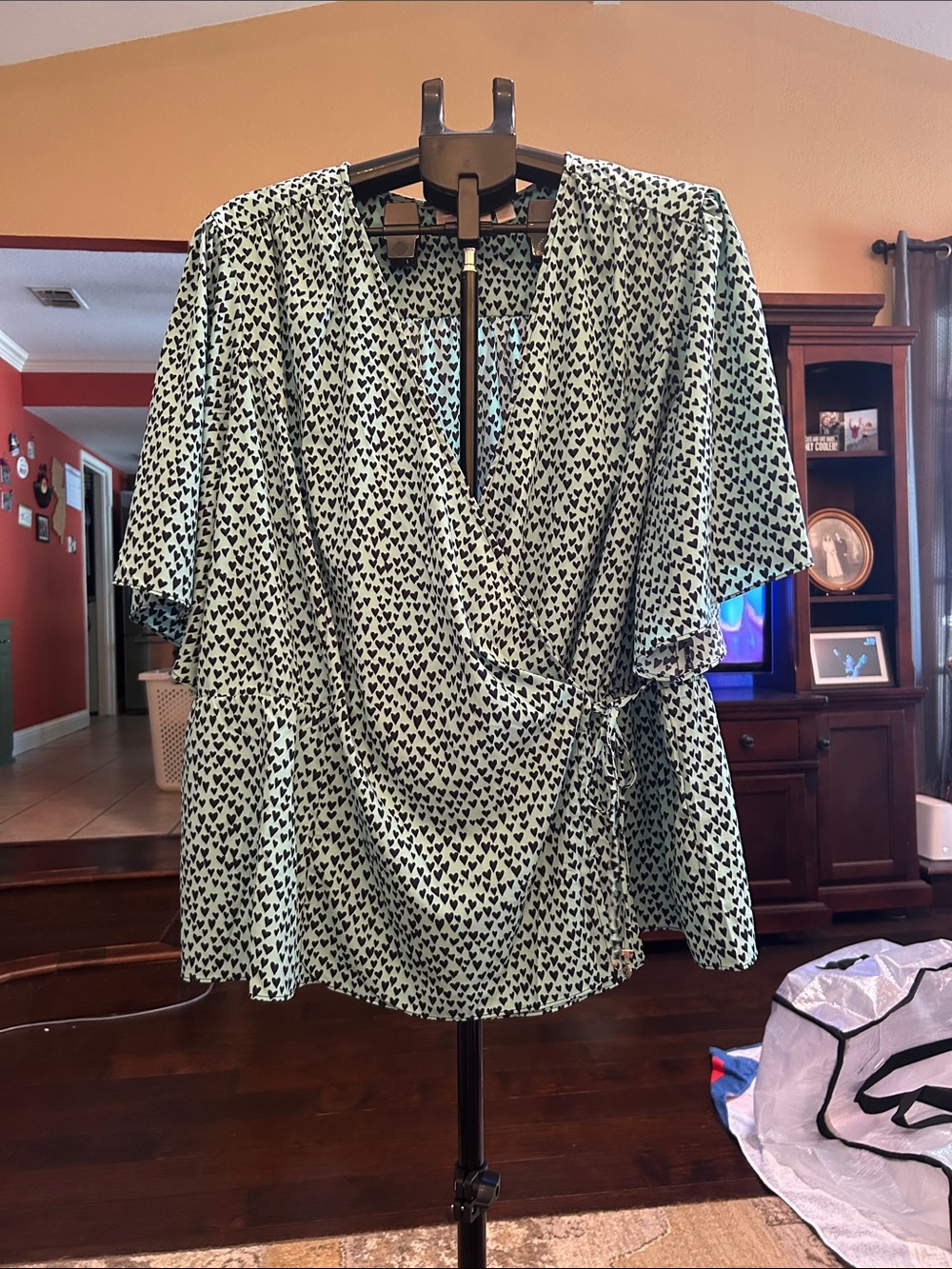 Belle by Kim Gravel Mint Wrap Blouse with Black Heart Print